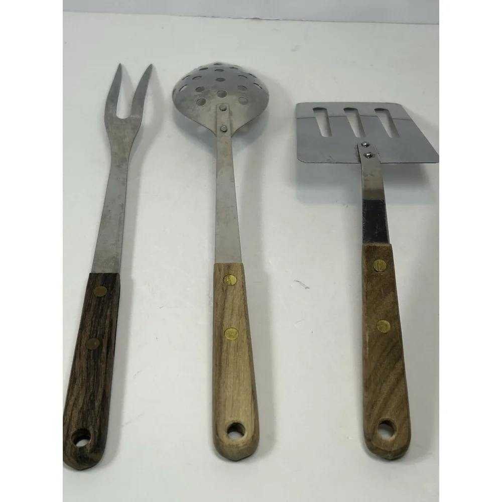 Robinson Knife Co Utensil Set Brown Wood Stainless Steel 3pc Vintage Made In USA